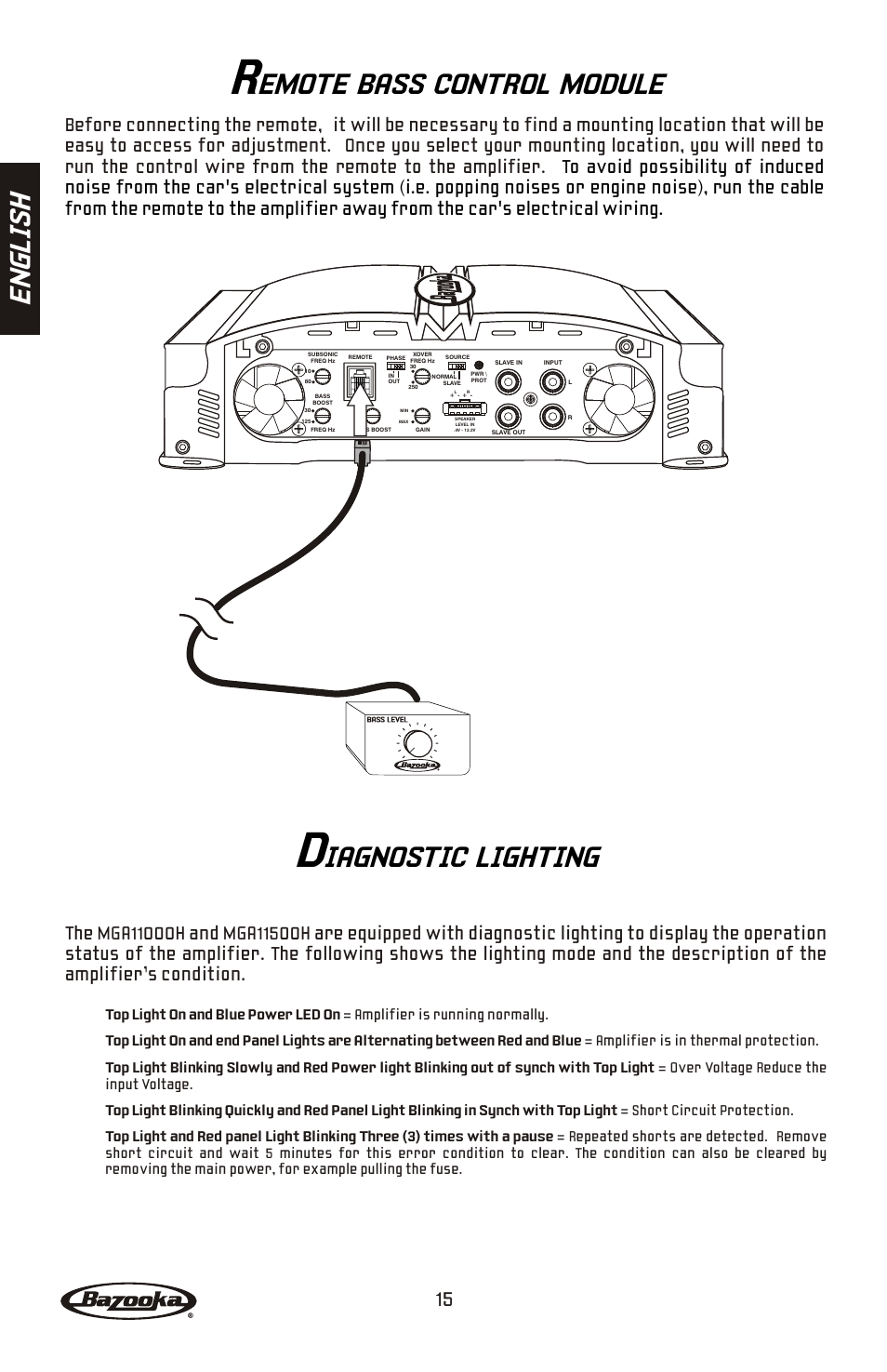 En gl is h, Emote bass control module, Iagnostic lighting | Bazooka Phat Tuesday MGA11500H User Manual | Page 16 / 60