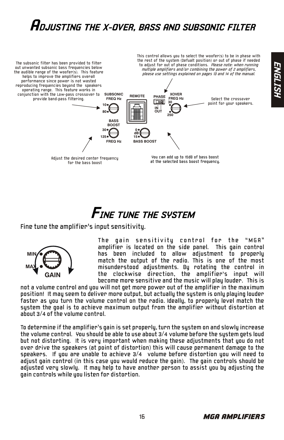 En gl is h, Djusting the x-over, bass and subsonic filter, Ine tune the system | Mga amplifiers, Fine tune the amplifier's input sensitivity | Bazooka Phat Tuesday MGA11500H User Manual | Page 17 / 60