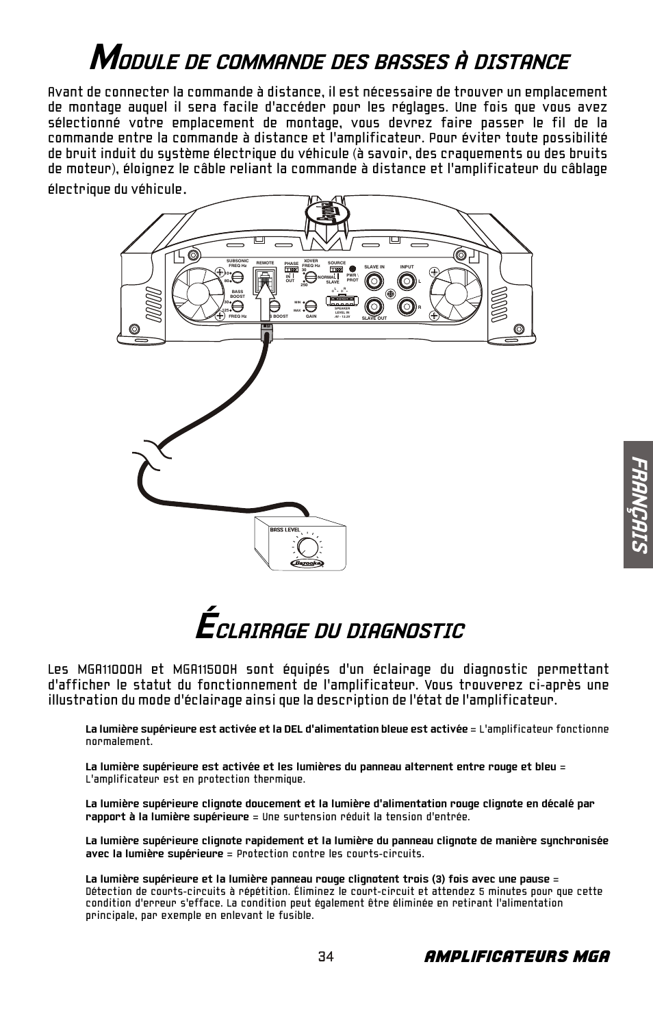 Fr an ç ai s, Odule de commande des basses à distance, Clairage du diagnostic | Amplificateurs mga | Bazooka Phat Tuesday MGA11500H User Manual | Page 35 / 60