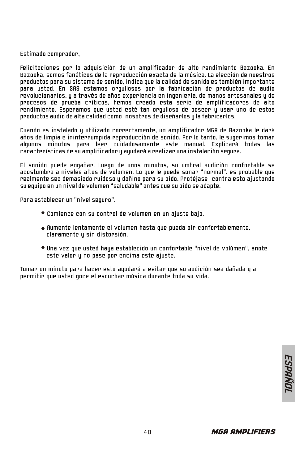 Es pa ñ o l, Mga amplifiers | Bazooka Phat Tuesday MGA11500H User Manual | Page 41 / 60