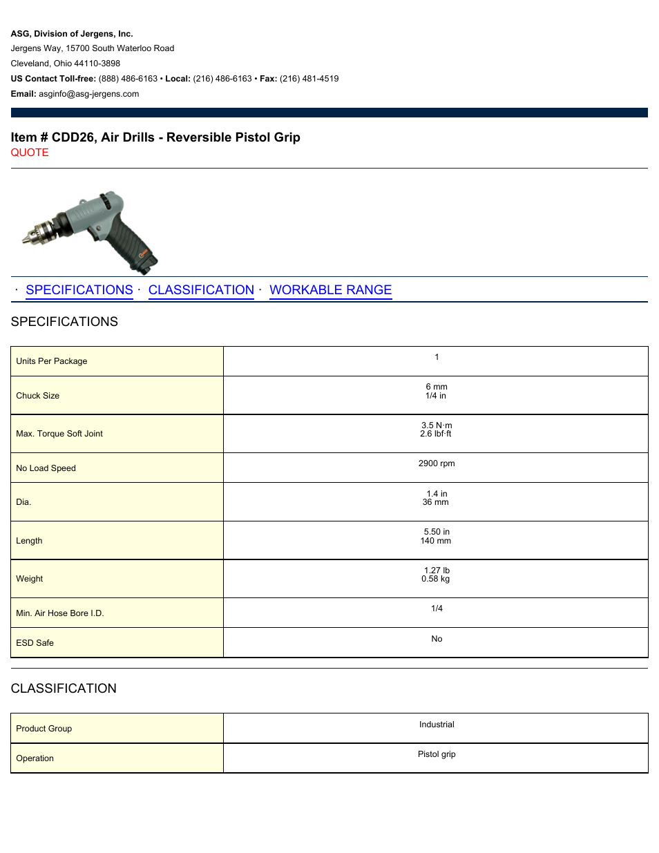 ASG Jergens CDD26 Air Drill - Reversible Pistol Grip User Manual | 2 pages