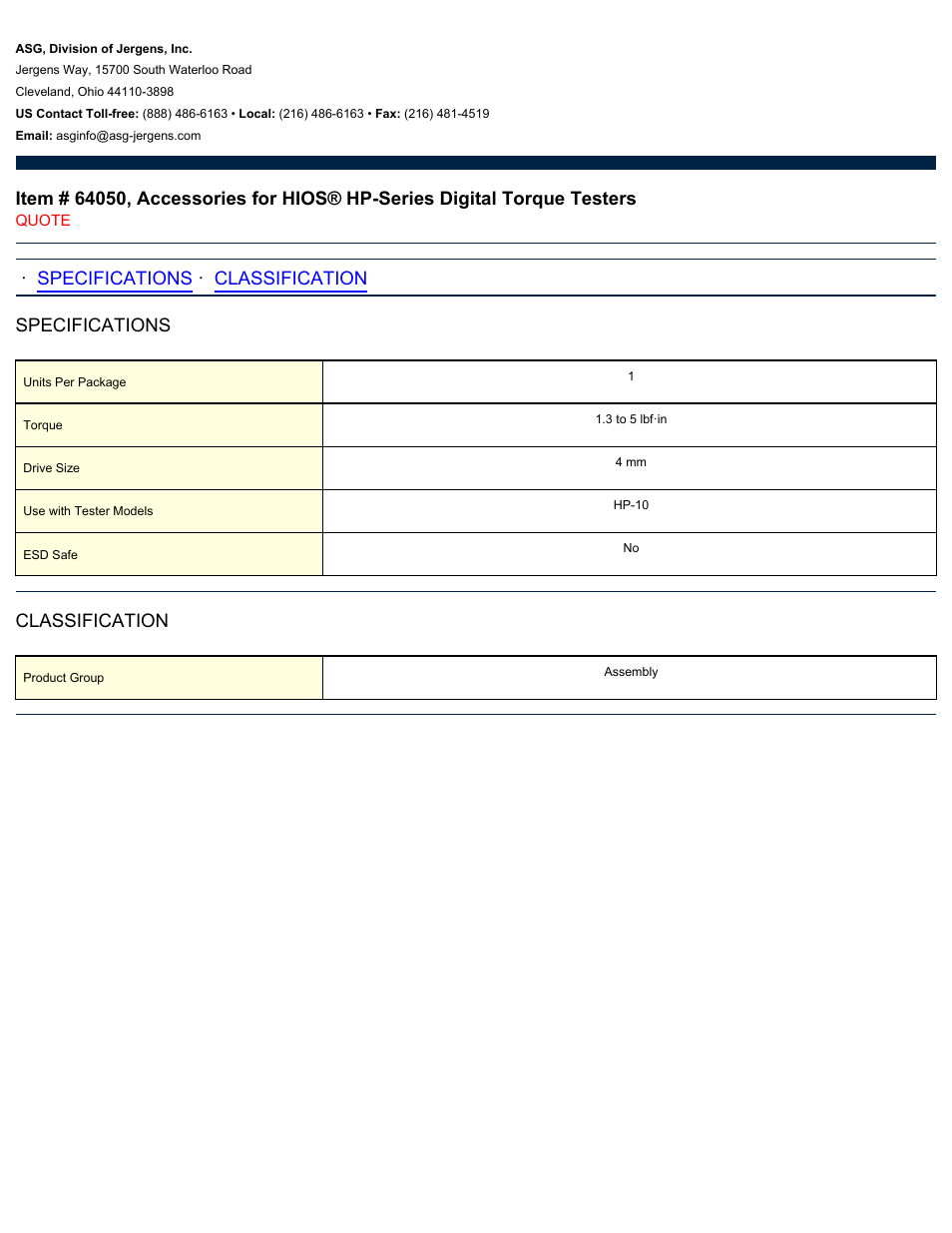 ASG Jergens 64050 Accessories for HIOS HP-Series User Manual | 1 page