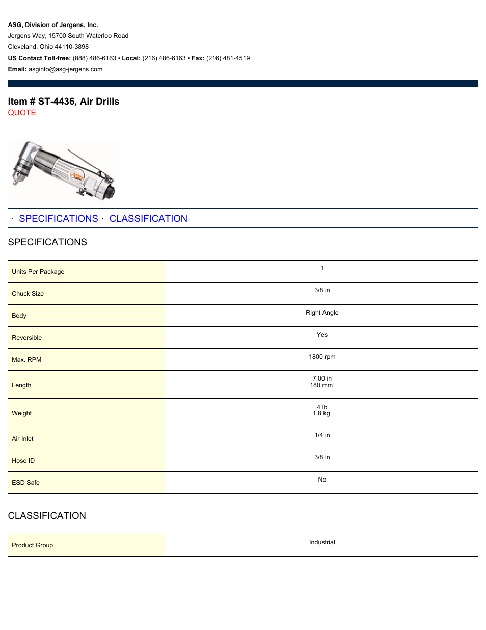 ASG Jergens ST-4436 Air Drill User Manual | 1 page