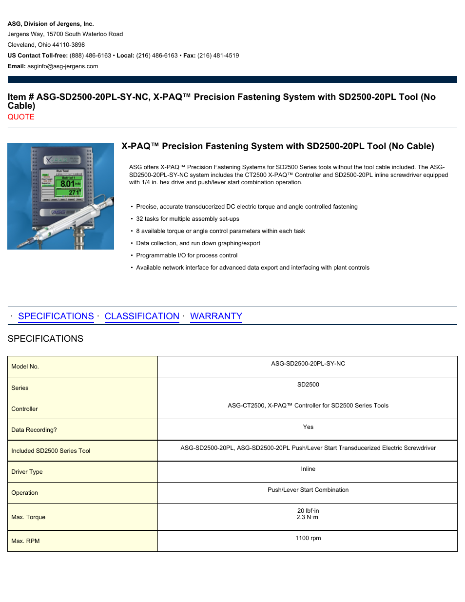 ASG Jergens ASG-SD2500-20PL-SY-NC User Manual | 2 pages