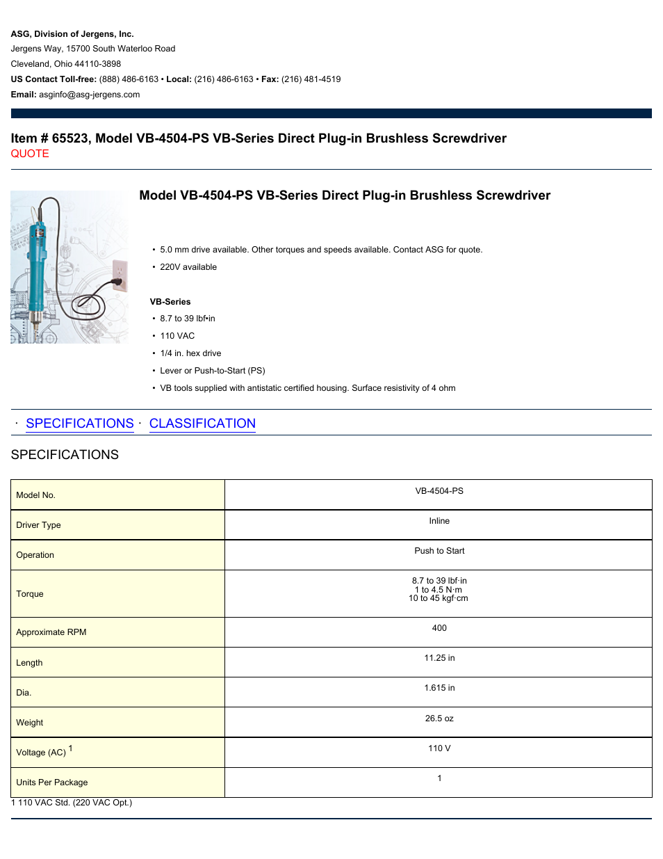 ASG Jergens 65523 VB-4504-PS User Manual | 2 pages