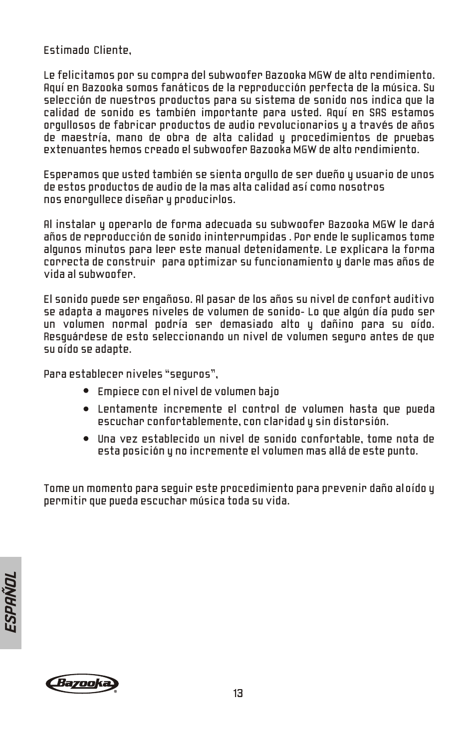 Es pa ñ o l | Bazooka MGW Subwoofer MGW1024PT User Manual | Page 14 / 20