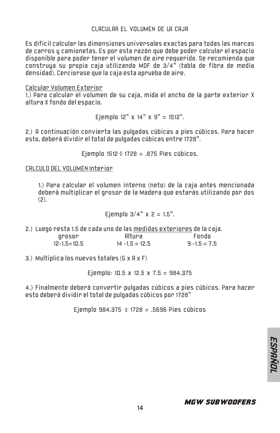 Es pa ñ o l | Bazooka MGW Subwoofer MGW1024PT User Manual | Page 15 / 20