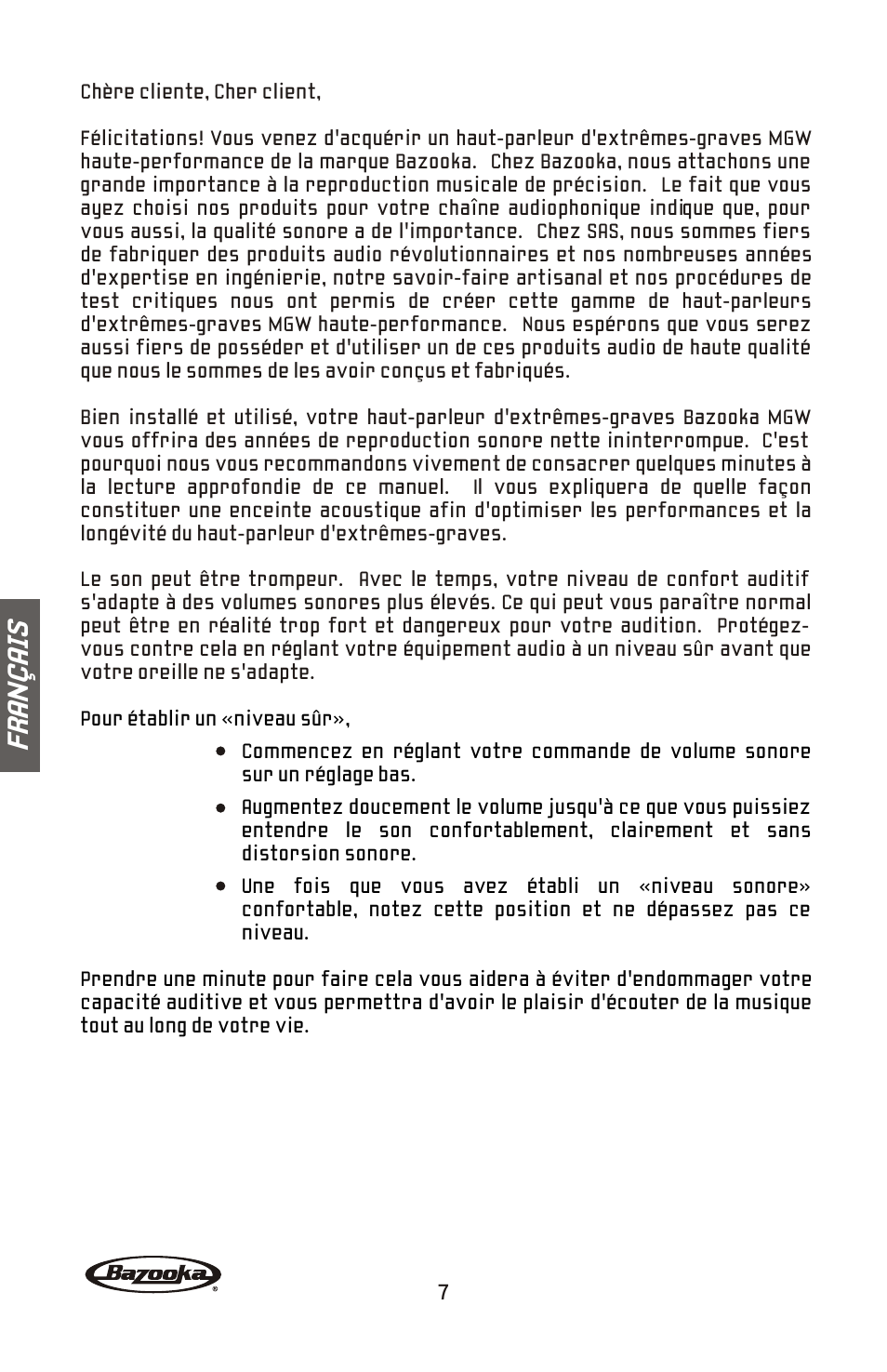 Fr an ç ai s | Bazooka MGW Subwoofer MGW1024PT User Manual | Page 8 / 20