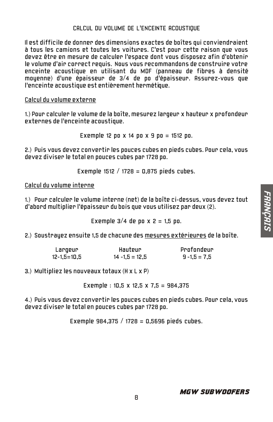 Fr an ç ai s | Bazooka MGW Subwoofer MGW1024PT User Manual | Page 9 / 20