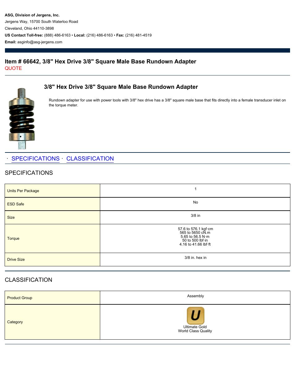 ASG Jergens 66642 3/8 Hex Drive 3/8 Square Male Base Rundown Adapter User Manual | 1 page