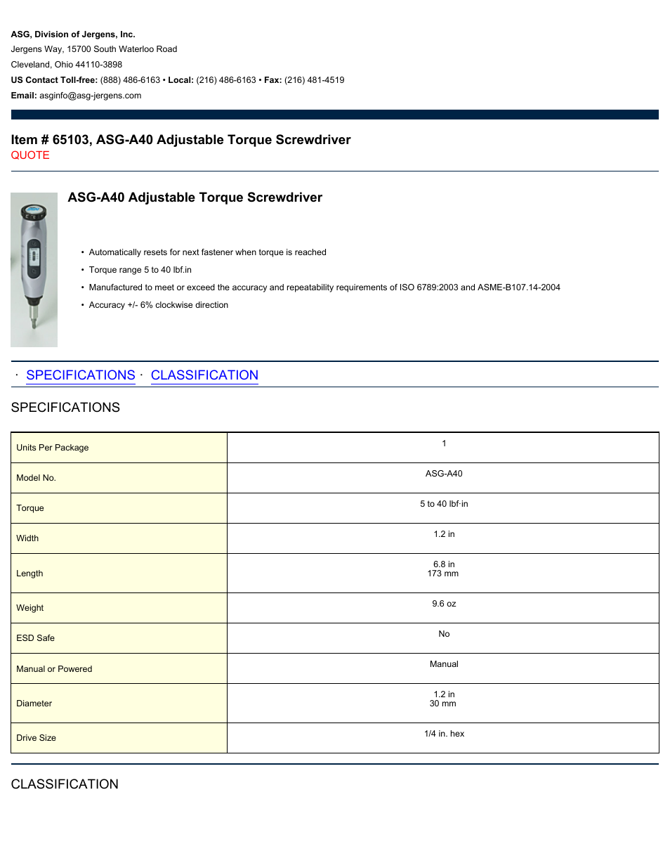 ASG Jergens 65103 ASG-A40 User Manual | 2 pages