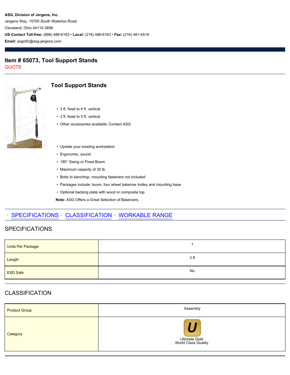 ASG Jergens 65073 Tool Support Stands User Manual | 2 pages