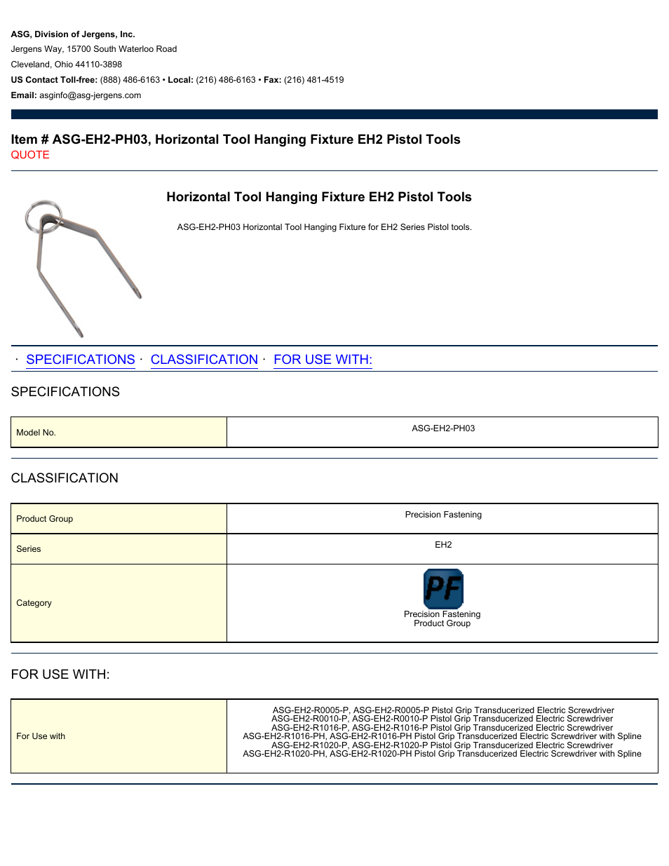 ASG Jergens ASG-EH2-PH03 Horizontal Tool Hanging Fixture User Manual | 1 page