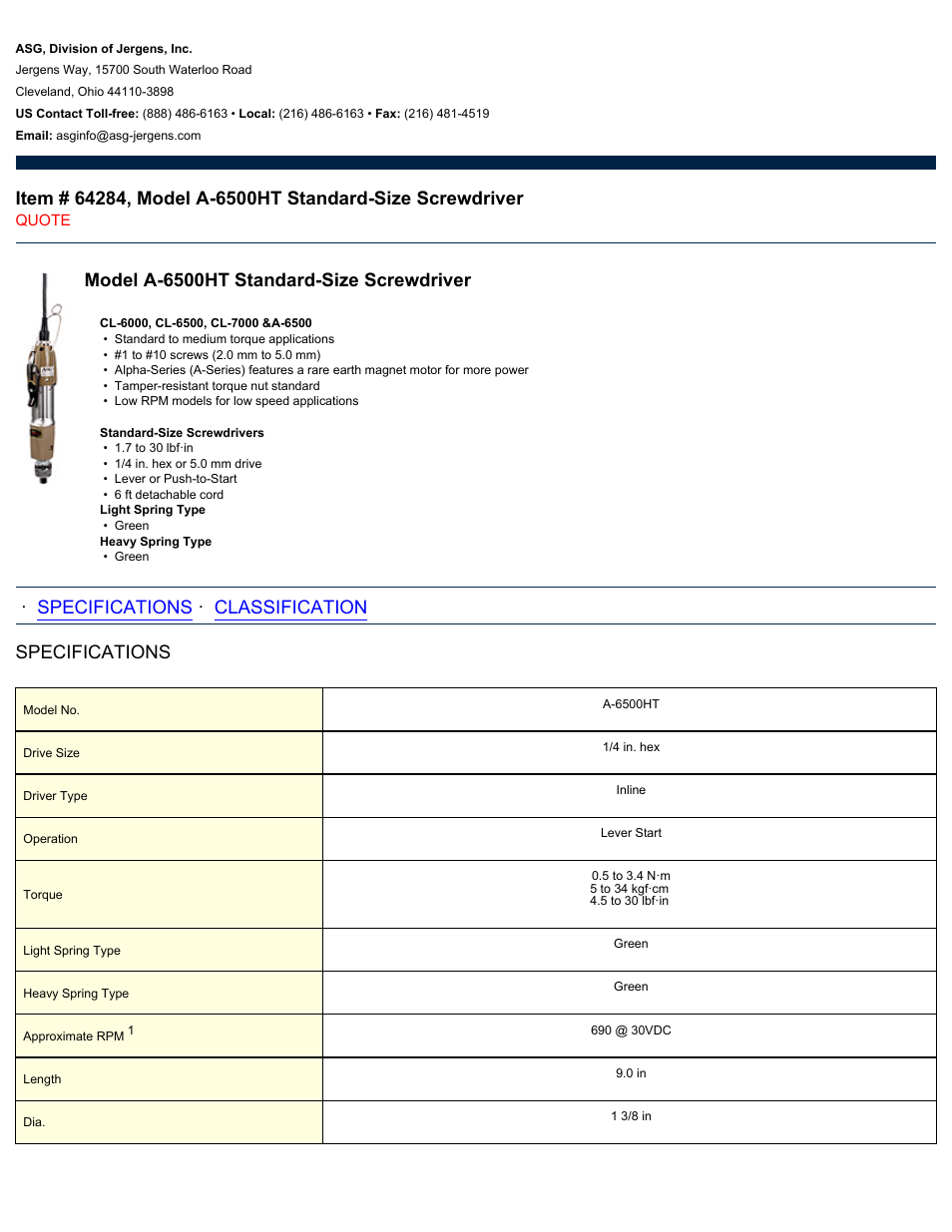 ASG Jergens 64284 A-6500HT User Manual | 2 pages