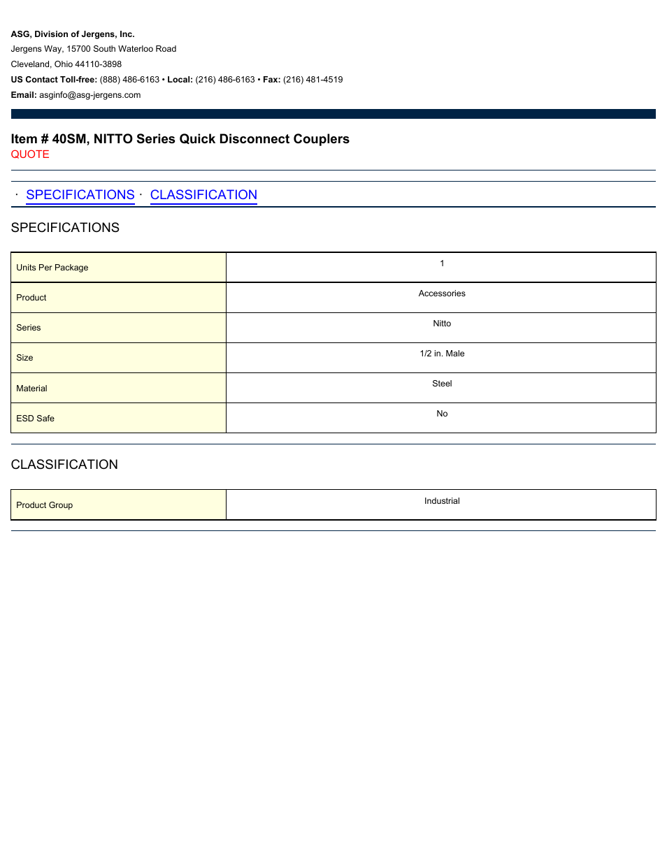 ASG Jergens 40SM NITTO Series Quick Disconnect Couplers User Manual | 1 page