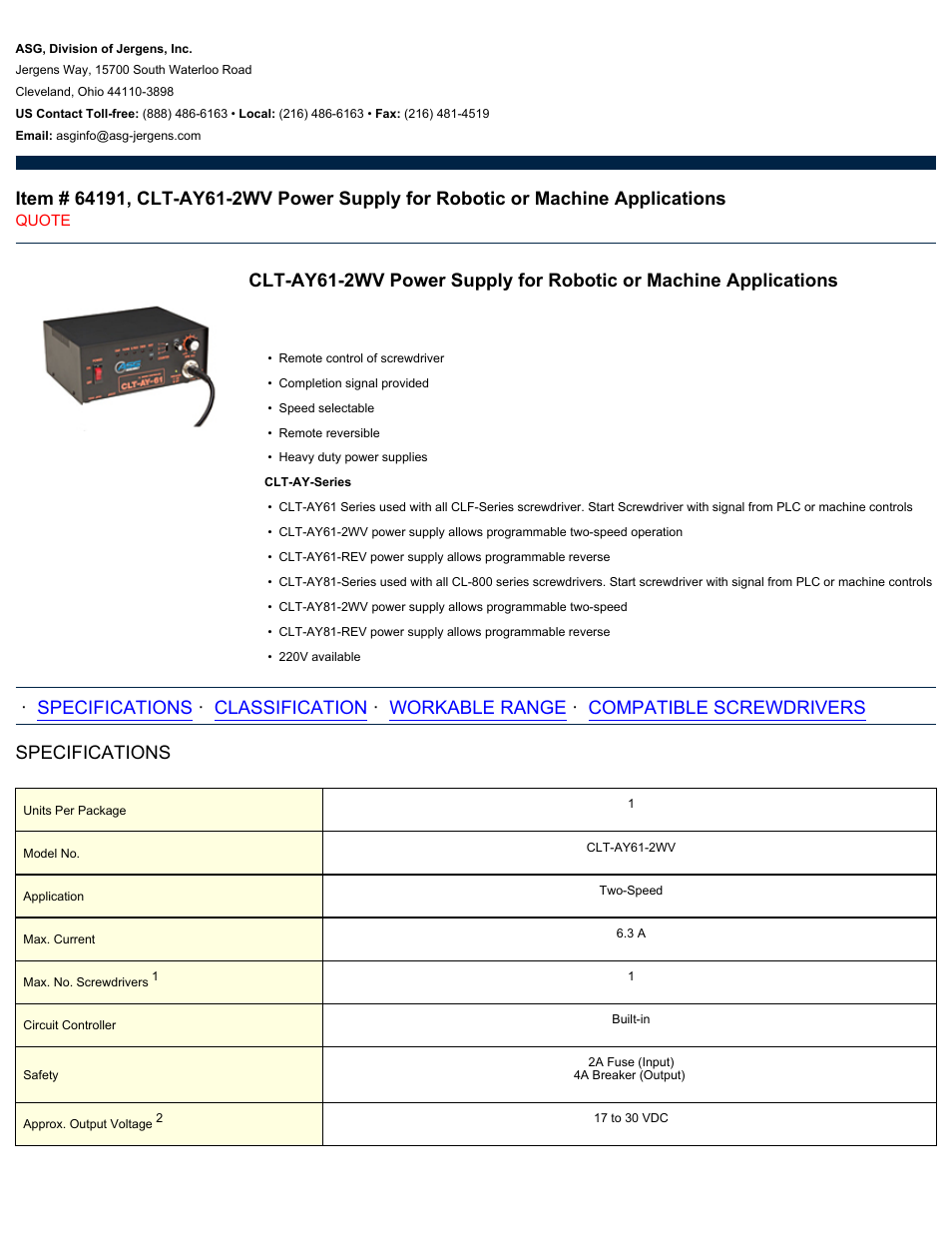 ASG Jergens 64191 CLT-AY61-2WV Power Supply for Robotic or Machine Applications User Manual | 2 pages