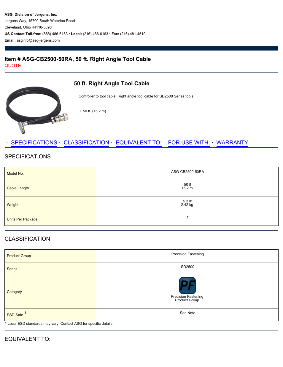 ASG Jergens ASG-CB2500-50RA Tool Cable User Manual | 2 pages