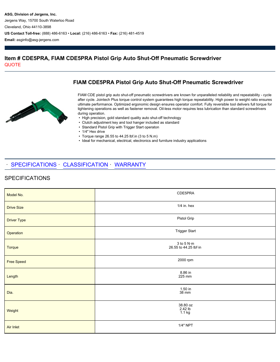 ASG Jergens CDE5PRA User Manual | 2 pages