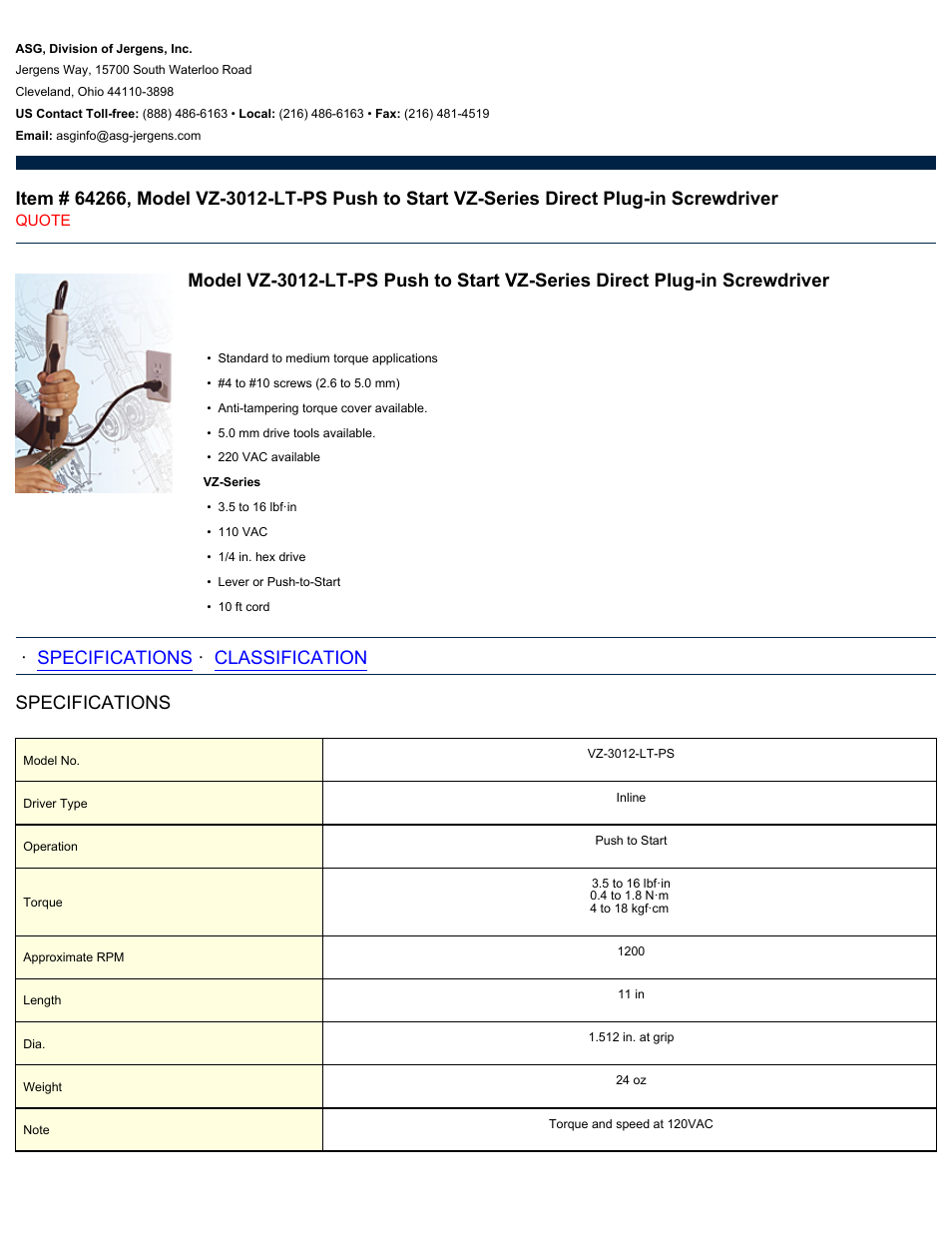 ASG Jergens 64266 VZ-3012-LT-PS User Manual | 2 pages