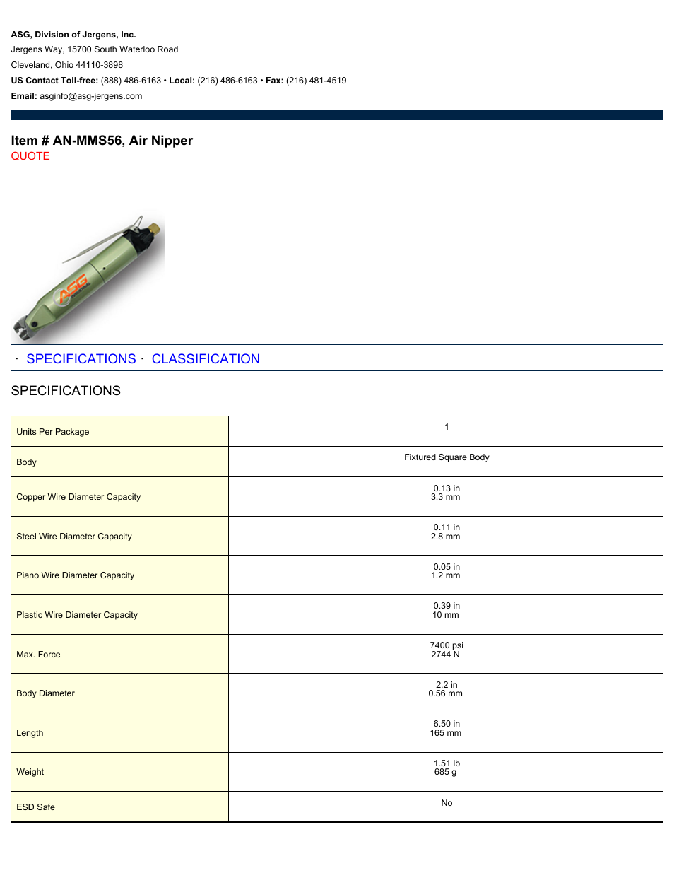 ASG Jergens AN-MMS56 Air Nipper User Manual | 2 pages