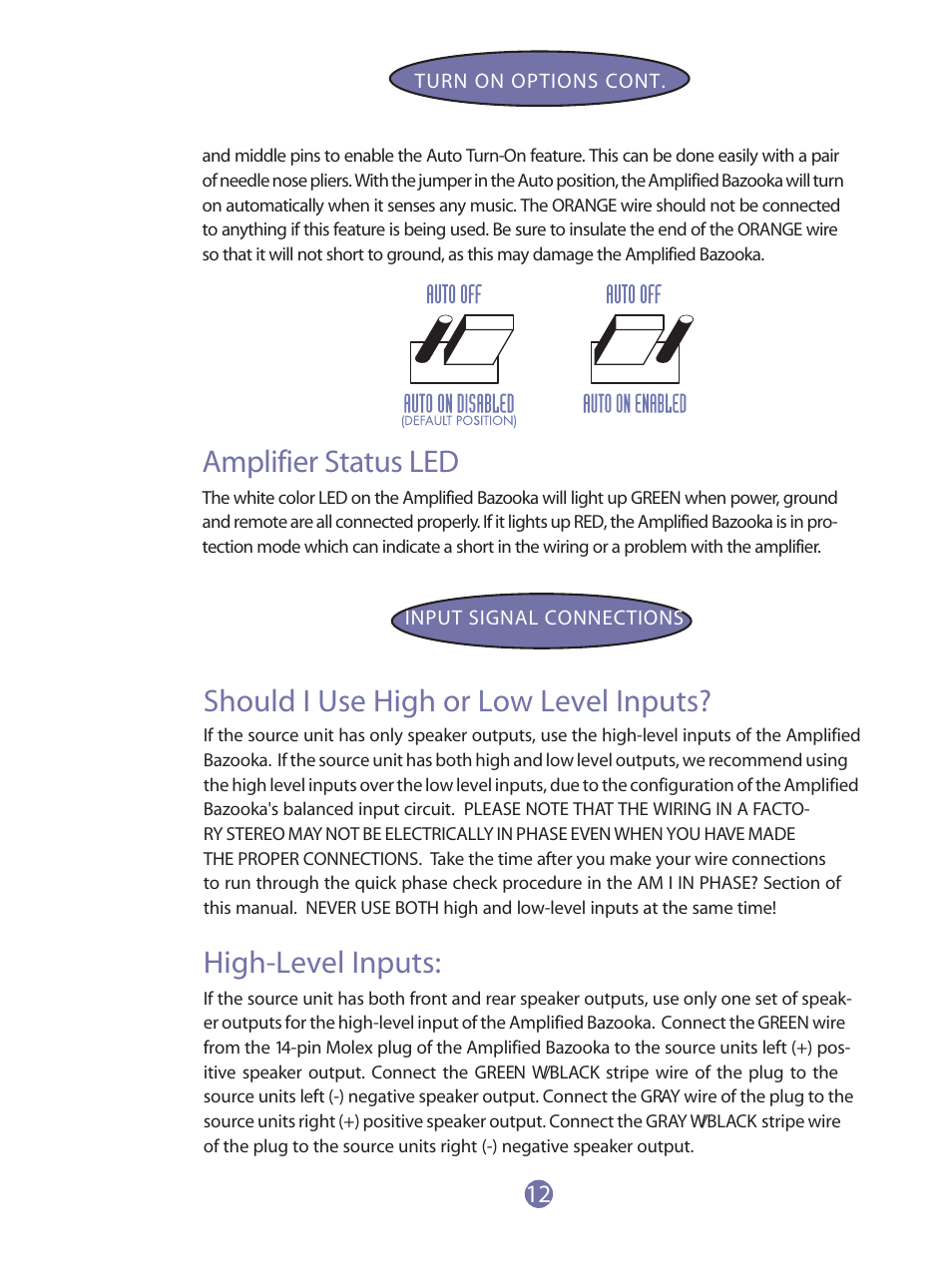 Should i use high or low level inputs, High-level inputs, Amplifier status led | Bazooka RS8A-hp User Manual | Page 13 / 16
