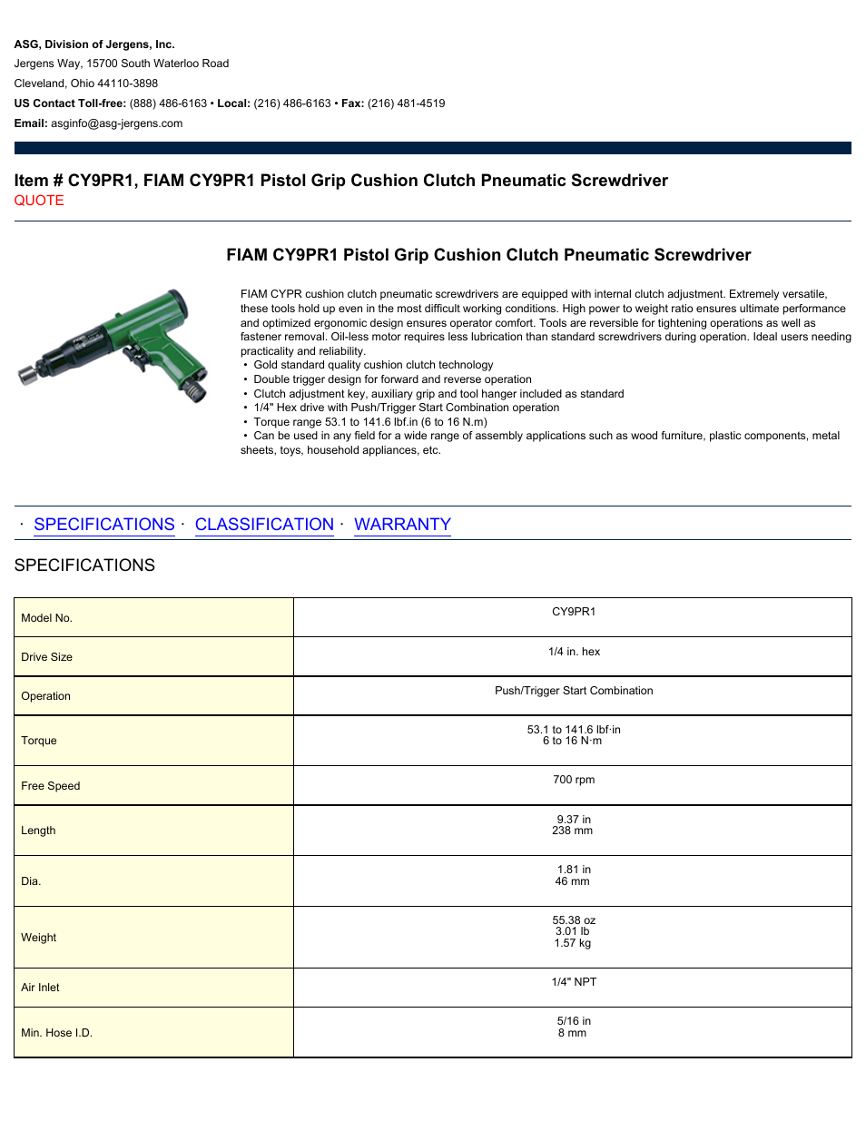 ASG Jergens CY9PR1 User Manual | 2 pages