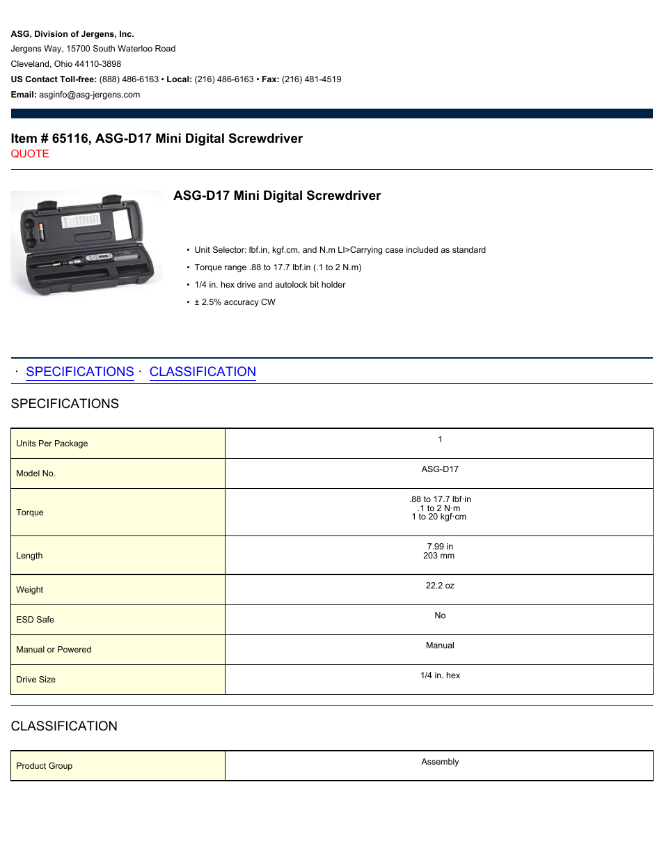 ASG Jergens 65116 ASG-D17 User Manual | 2 pages