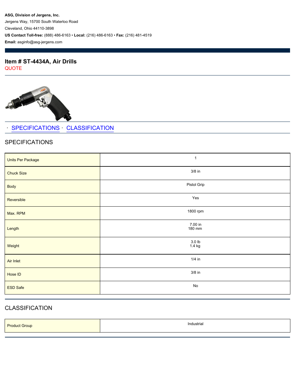 ASG Jergens ST-4434A Air Drill User Manual | 1 page