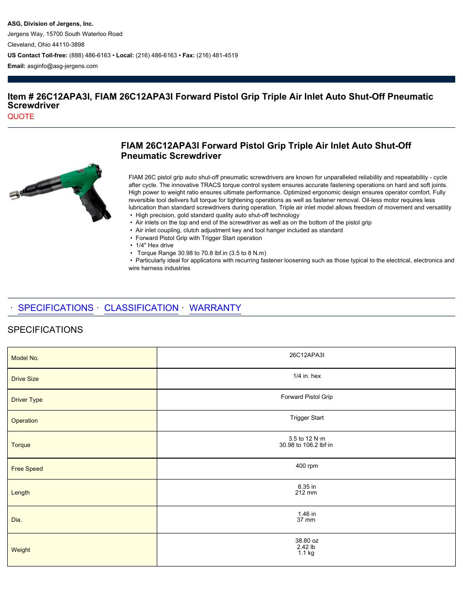 ASG Jergens 26C12APA3I User Manual | 2 pages