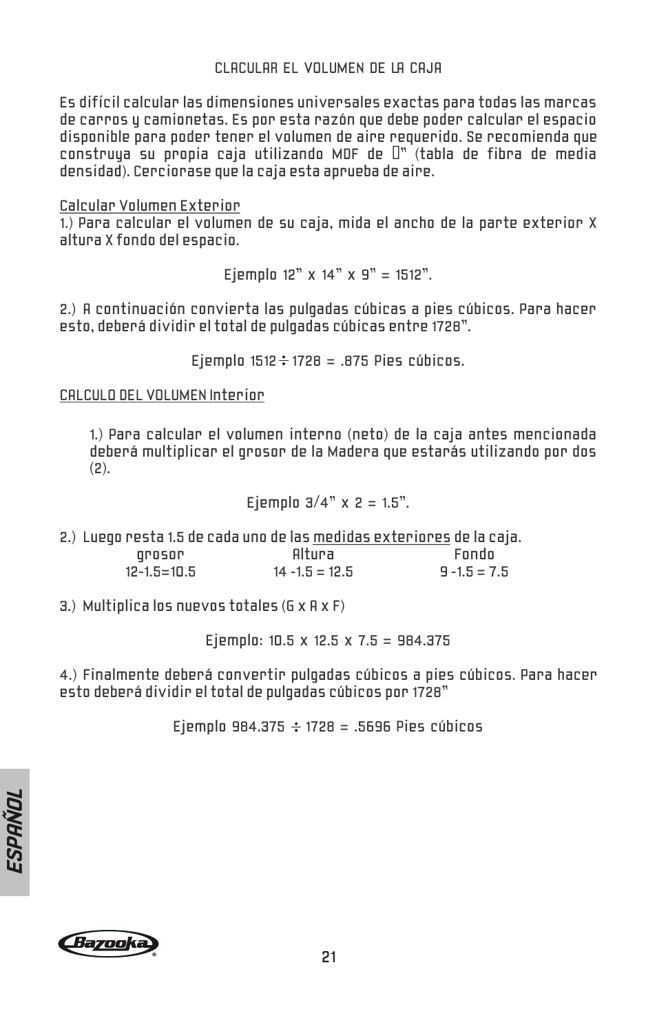 Es pa ñ o l | Bazooka BW1224 User Manual | Page 22 / 32
