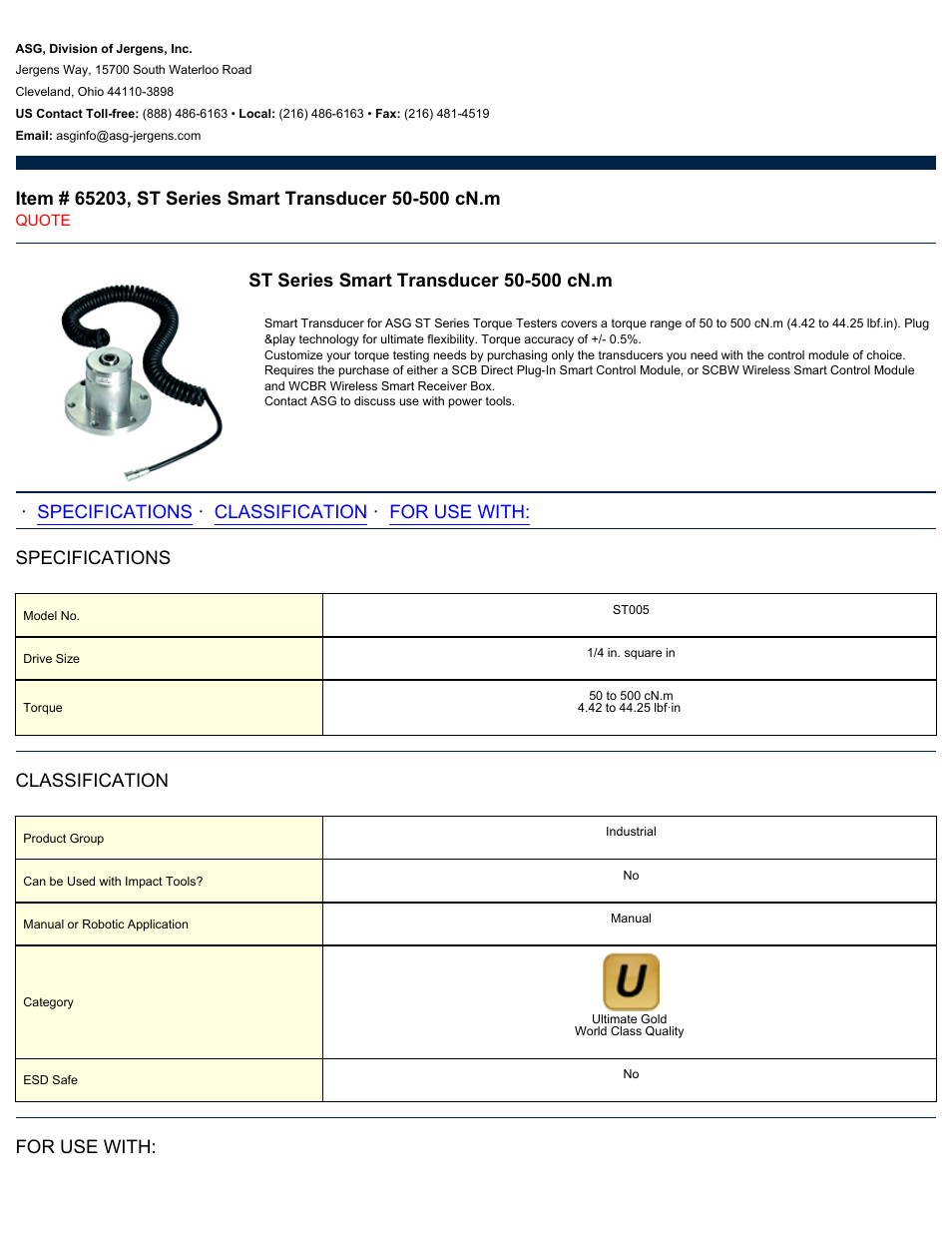 ASG Jergens 65203 ST Series Smart Transducer 50-500 cN.m User Manual | 2 pages