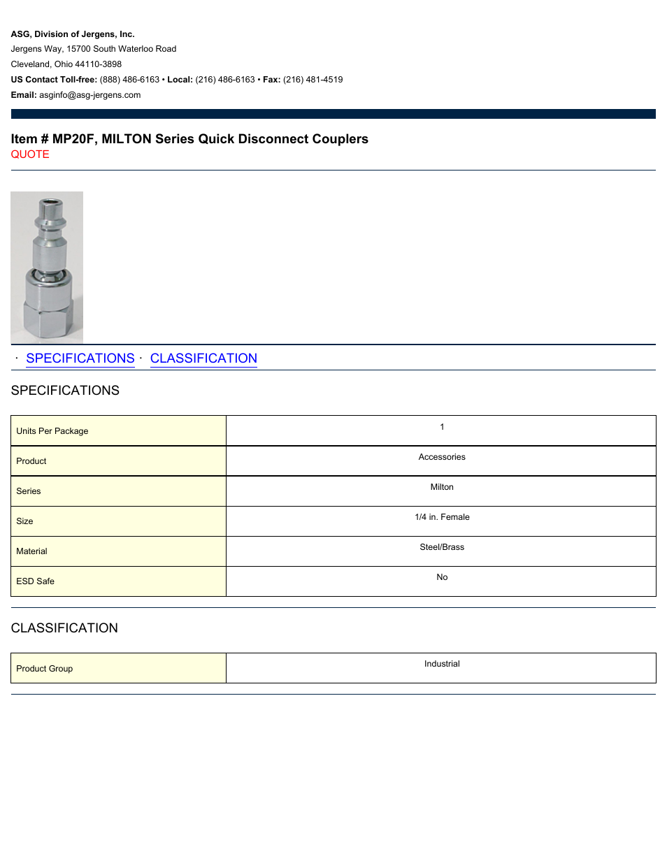 ASG Jergens MP20F MILTON Series Quick Disconnect Couplers User Manual | 1 page