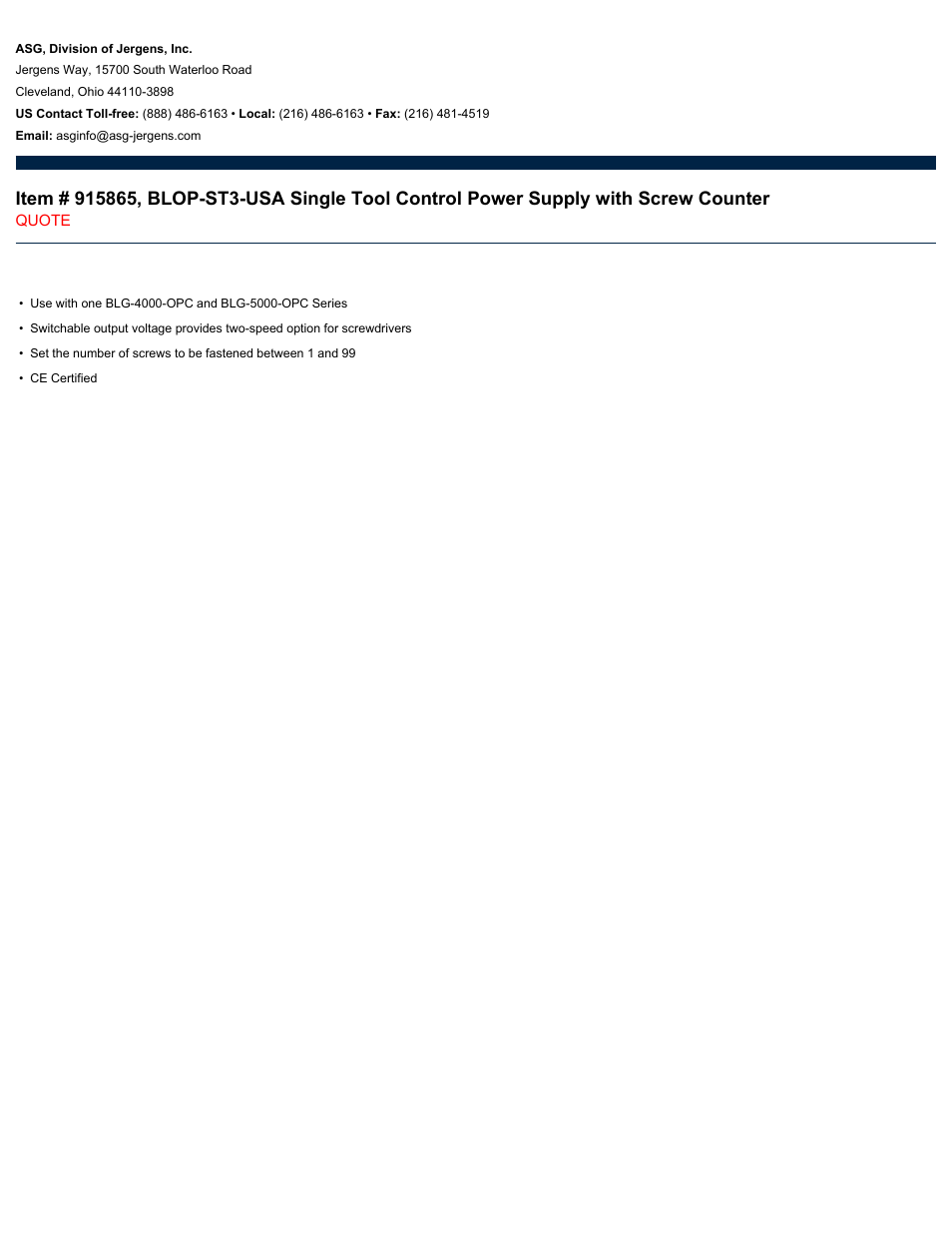 ASG Jergens 915865 BLOP-ST3-USA Single Tool Control Power Supply with Screw Counter User Manual | 1 page
