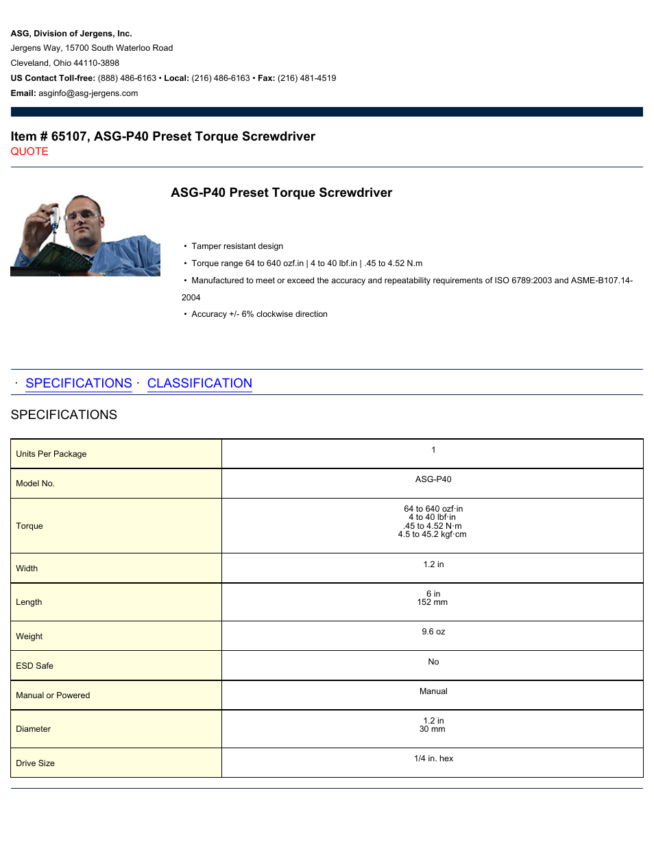 ASG Jergens 65107 ASG-P40 User Manual | 2 pages