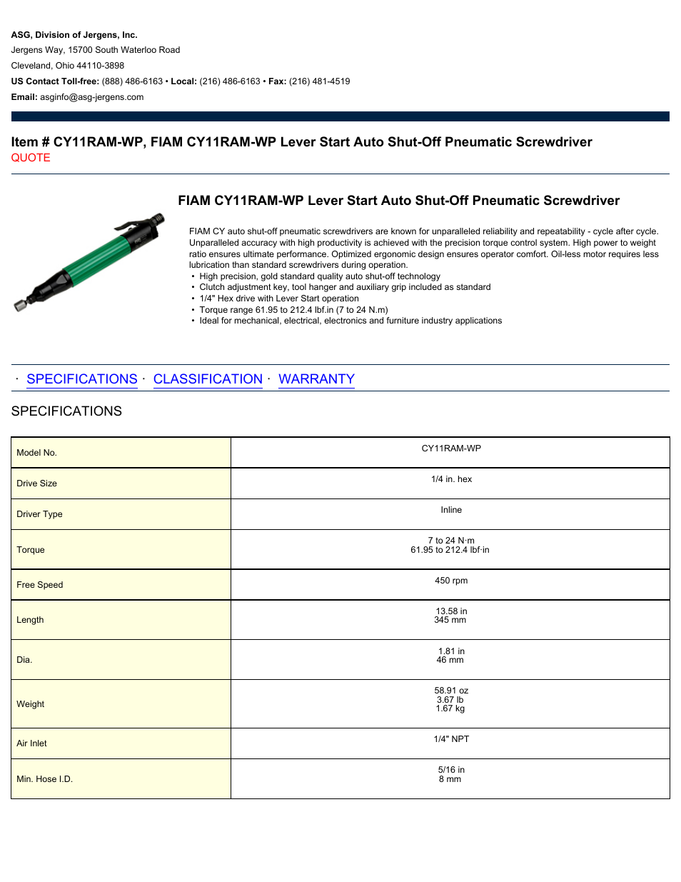 ASG Jergens CY11RAM-WP User Manual | 2 pages