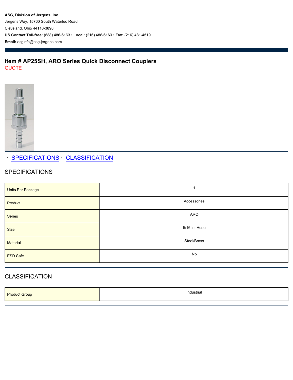 ASG Jergens AP25SH ARO Series Quick Disconnect Couplers User Manual | 1 page