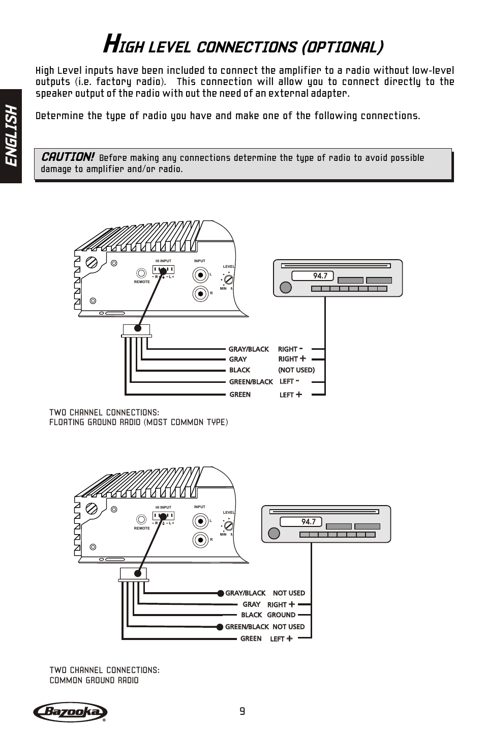 Igh level connections (optional), En gl is h, Caution | Two channel connections: common ground radio | Bazooka BA260 User Manual | Page 10 / 60