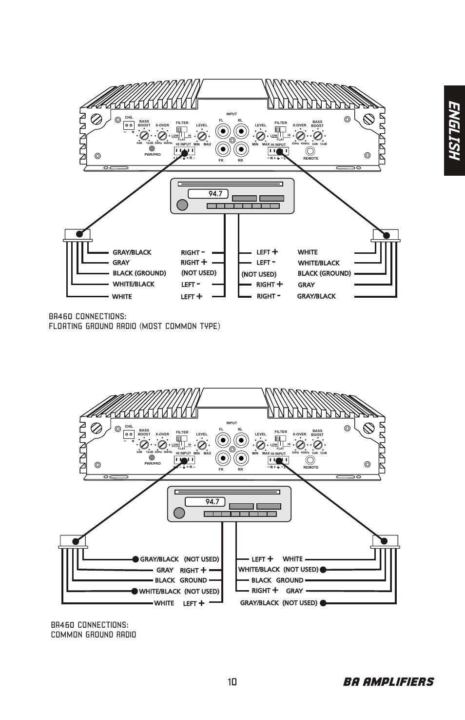 En gl is h, Ba amplifiers, Ba460 connections: common ground radio | Bazooka BA260 User Manual | Page 11 / 60