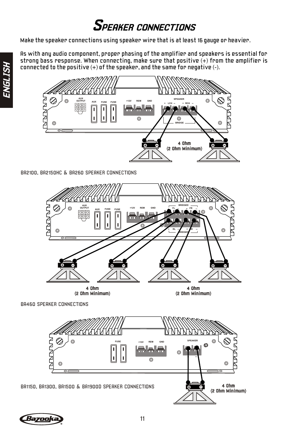 Peaker connections, En gl is h | Bazooka BA260 User Manual | Page 12 / 60