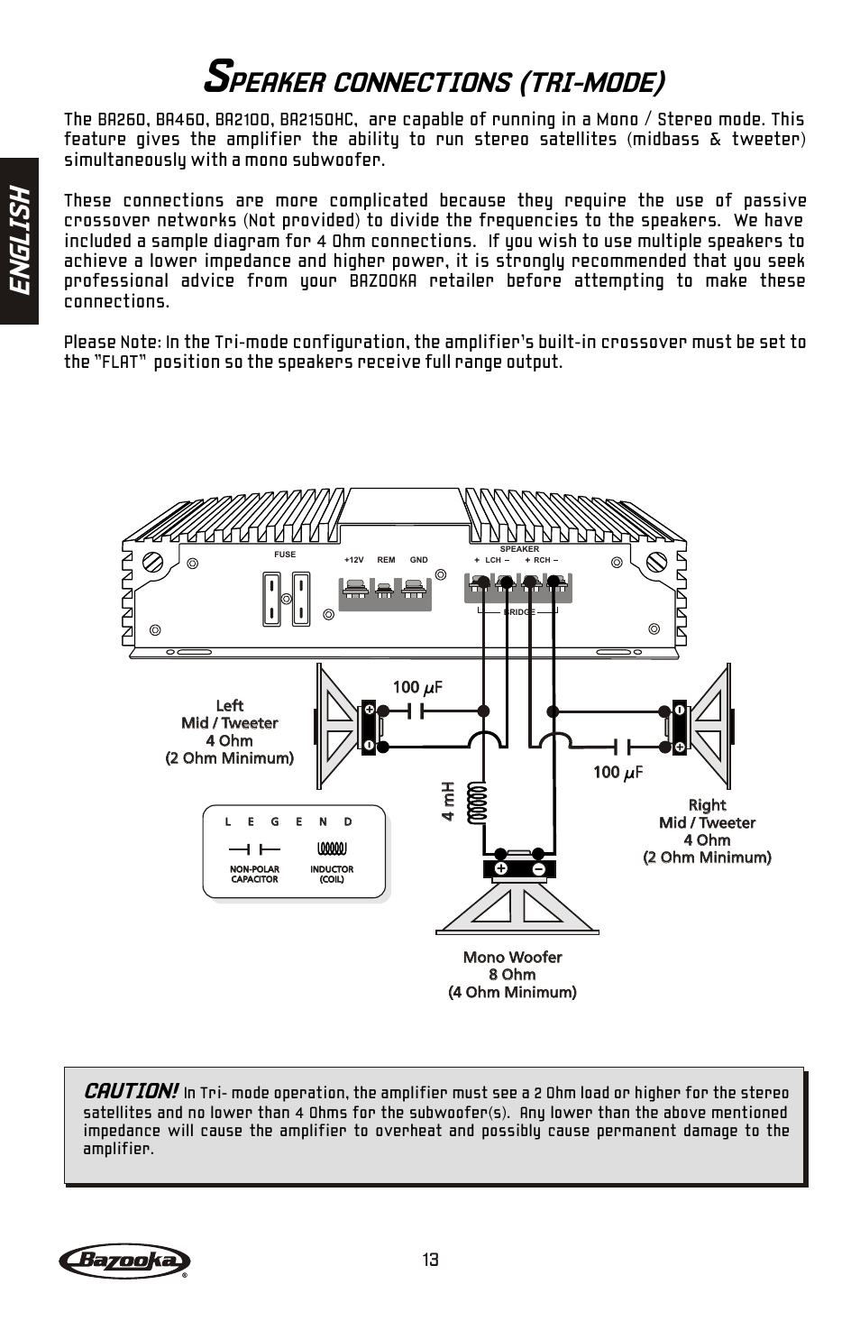 Peaker connections (tri-mode), En gl is h, Caution | Bazooka BA260 User Manual | Page 14 / 60