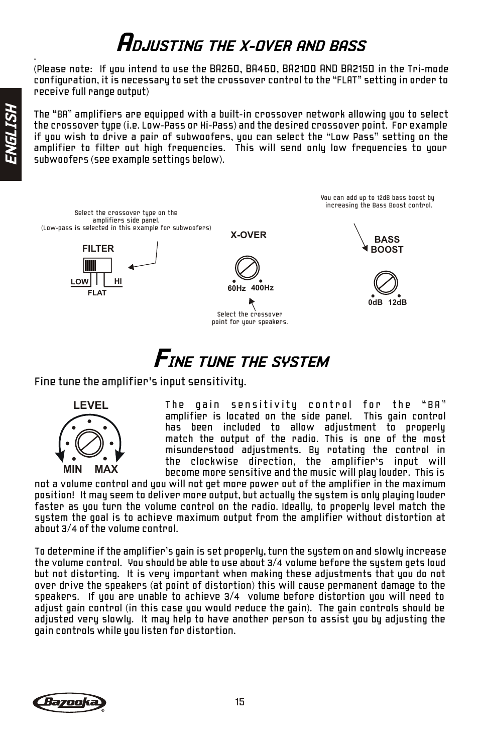 Djusting the x-over and bass, Ine tune the system, En gl is h | Bazooka BA260 User Manual | Page 16 / 60