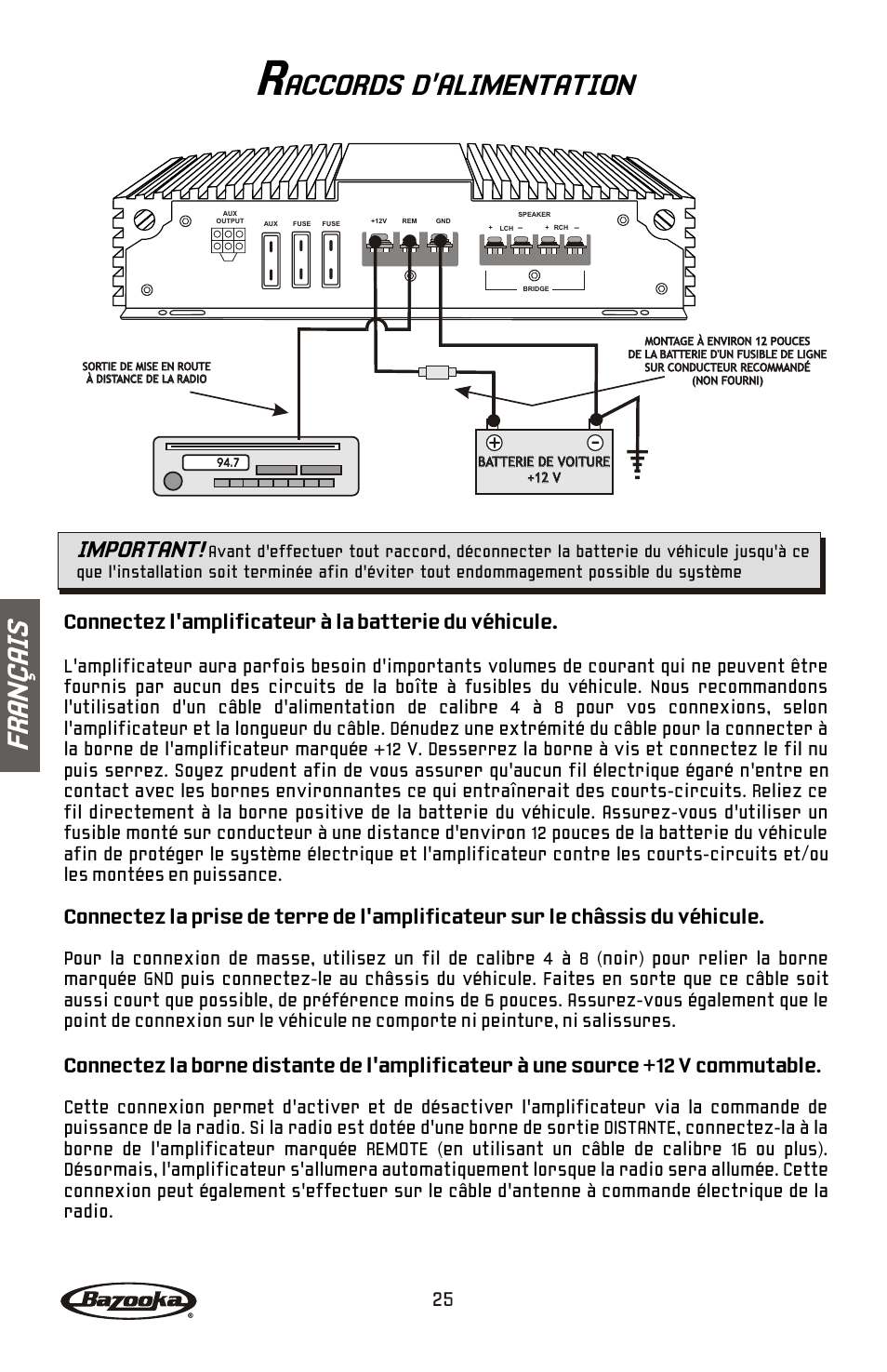 Accords d'alimentation, Fr an ç ai s, Important | Bazooka BA260 User Manual | Page 26 / 60