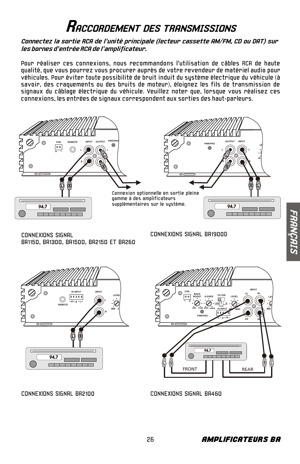 Accordement des transmissions, Fr an ç ai s, Amplificateurs ba | Connexions signal ba2100, Front rear | Bazooka BA260 User Manual | Page 27 / 60