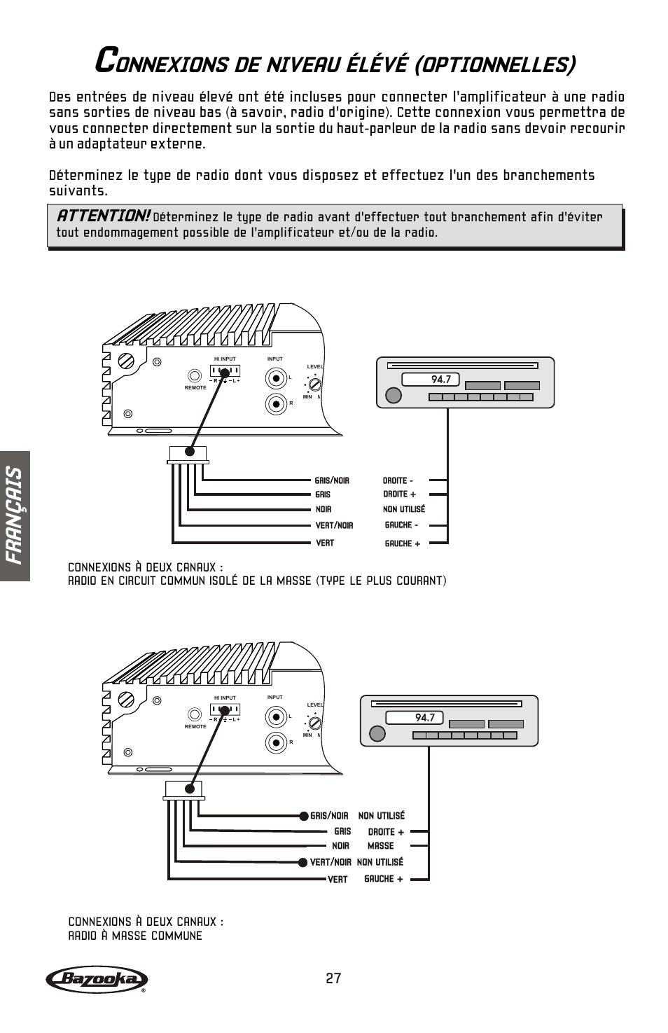 Onnexions de niveau élévé (optionnelles), Fr an ç ai s, Attention | Connexions à deux canaux : radio à masse commune | Bazooka BA260 User Manual | Page 28 / 60