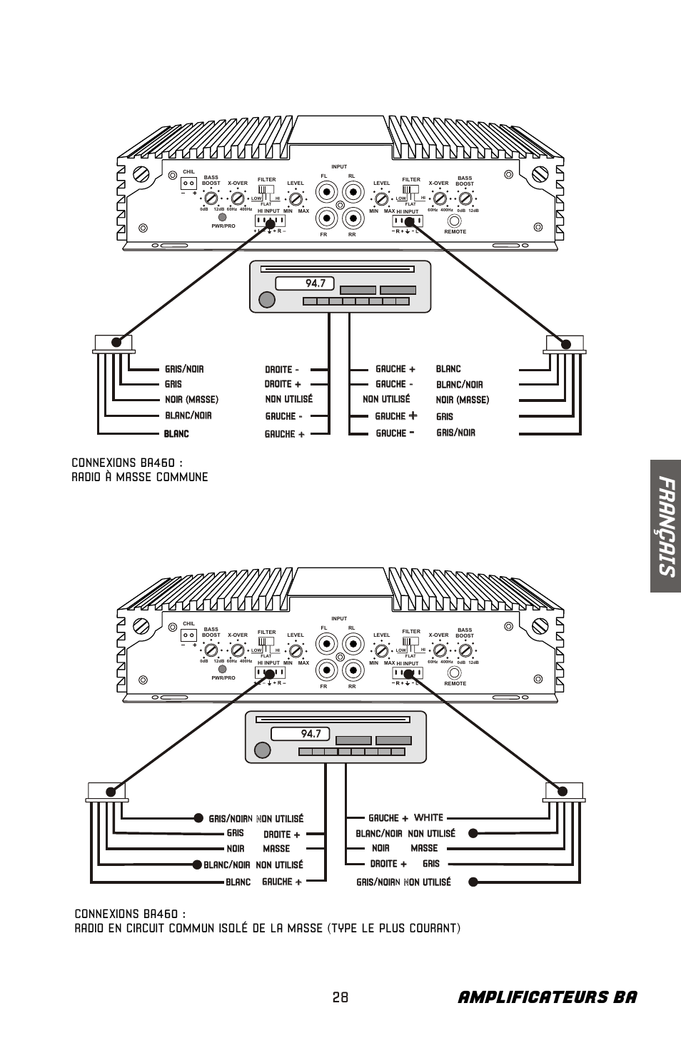 Fr an ç ai s, Amplificateurs ba, Connexions ba460 : radio à masse commune | Bazooka BA260 User Manual | Page 29 / 60