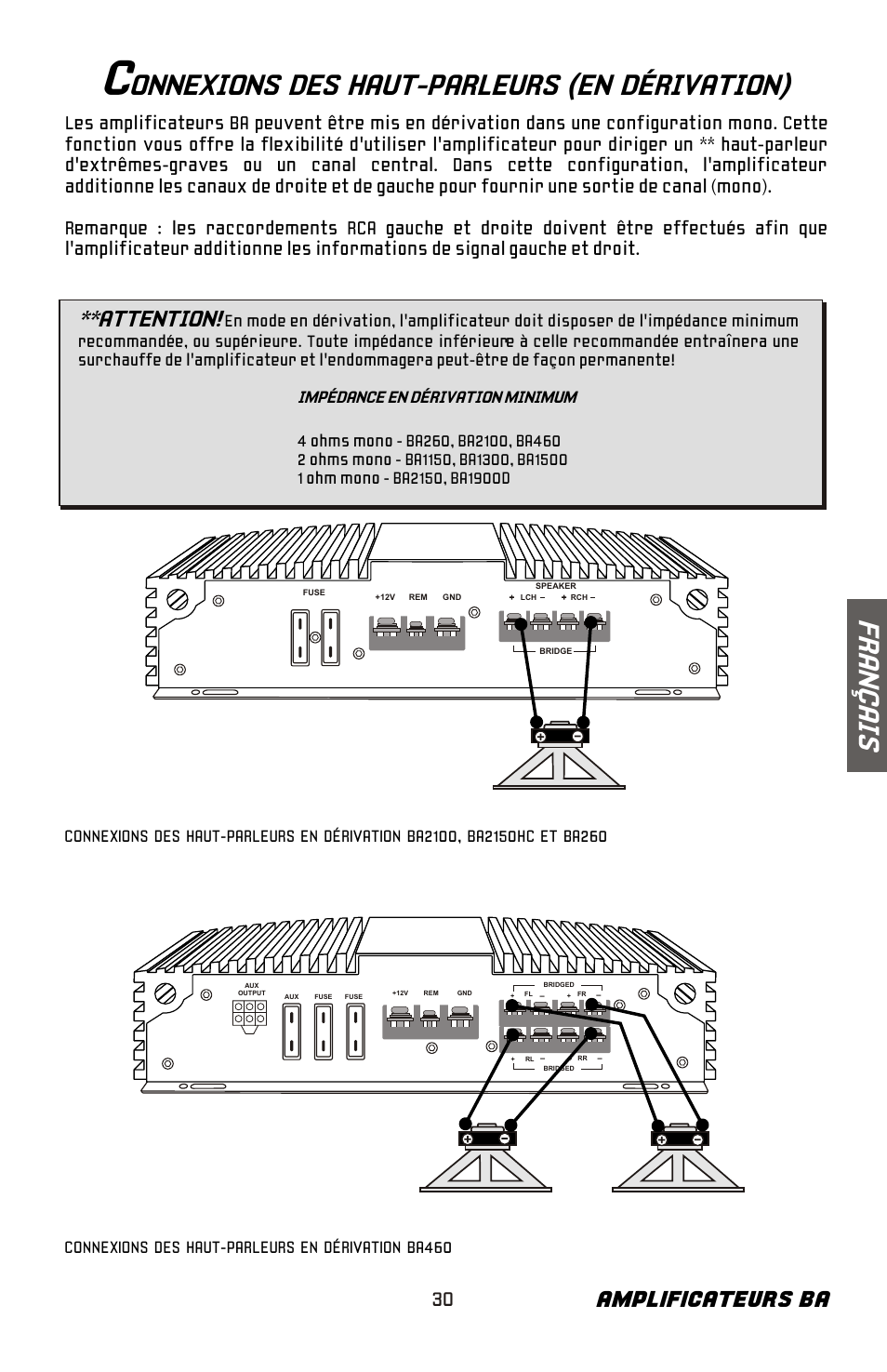 Onnexions des haut-parleurs (en dérivation), Fr an ç ai s, Amplificateurs ba | Attention | Bazooka BA260 User Manual | Page 31 / 60