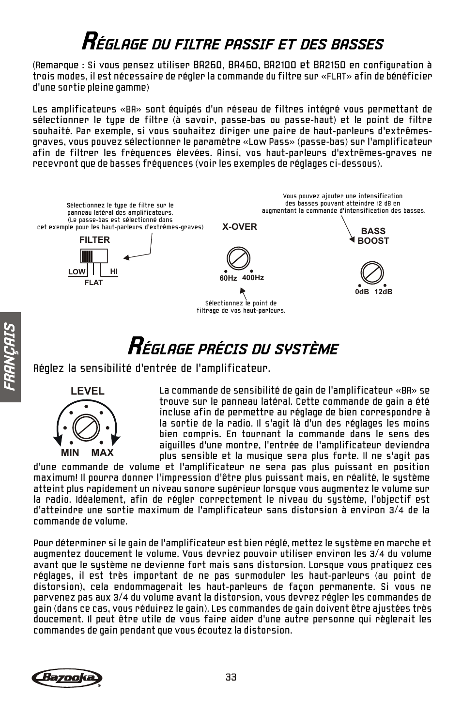 Églage du filtre passif et des basses, Églage précis du système, Fr an ç ai s | Bazooka BA260 User Manual | Page 34 / 60