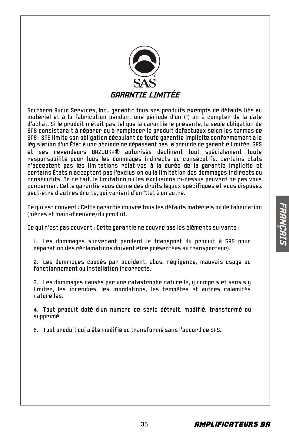 Fr an ç ai s, Garantie limitée, Amplificateurs ba | Bazooka BA260 User Manual | Page 37 / 60