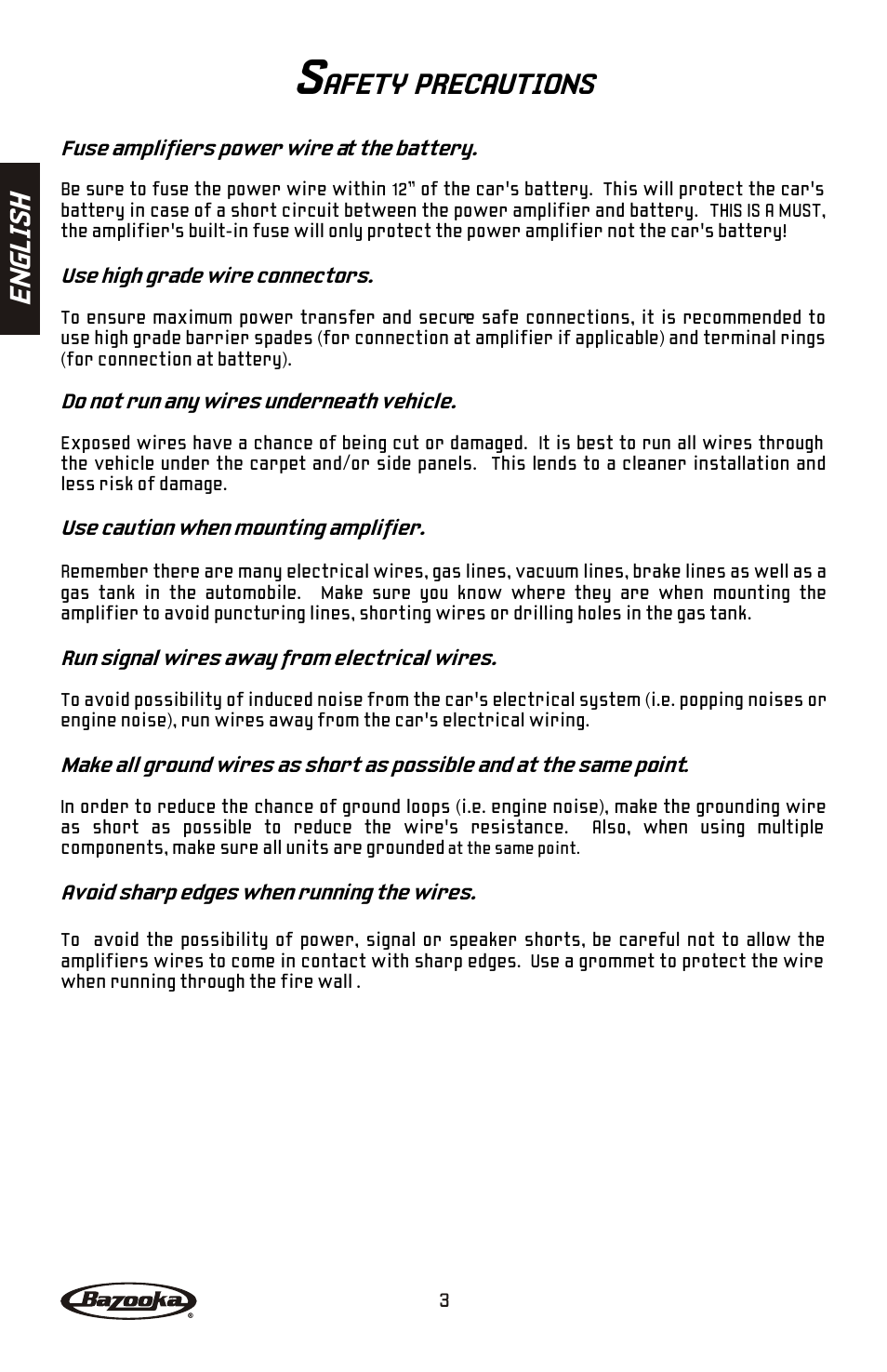 En gl is h, Afety precautions | Bazooka BA260 User Manual | Page 4 / 60