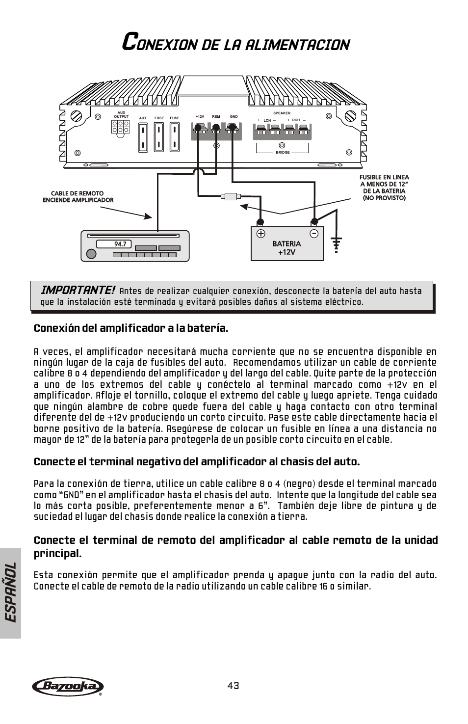 Onexion de la alimentacion, Es pa ñ o l, Importante | Conexión del amplificador a la batería | Bazooka BA260 User Manual | Page 44 / 60